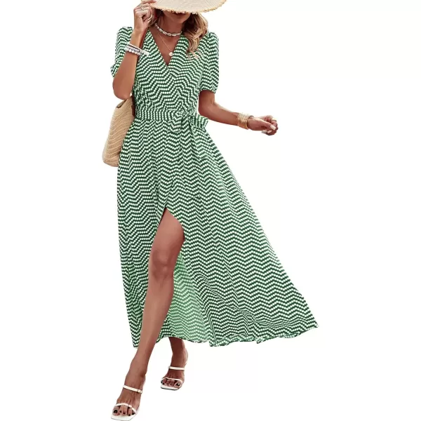 imagePRETTYGARDEN Womens Summer Wrap Maxi Dress Casual Boho Floral V Neck Short Sleeve Ruffle Hem Split Beach Long DressesDot Green White