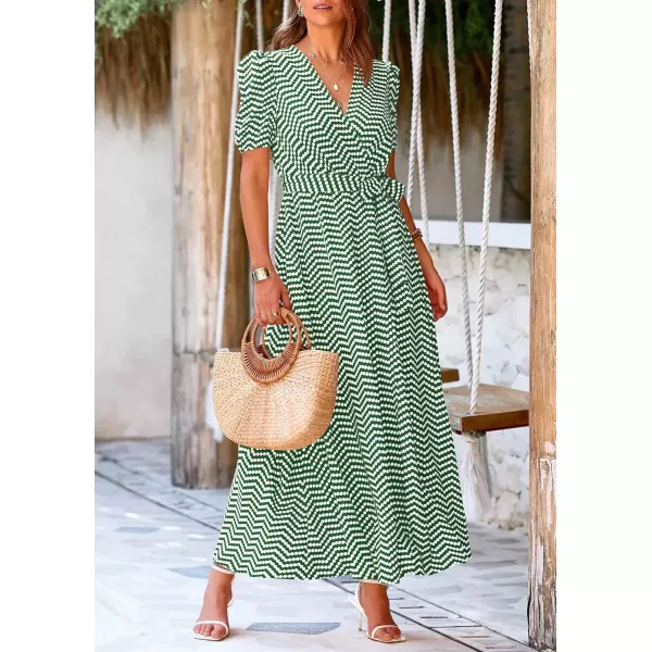 imagePRETTYGARDEN Womens Summer Wrap Maxi Dress Casual Boho Floral V Neck Short Sleeve Ruffle Hem Split Beach Long DressesDot Green White