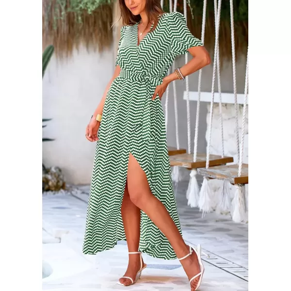 imagePRETTYGARDEN Womens Summer Wrap Maxi Dress Casual Boho Floral V Neck Short Sleeve Ruffle Hem Split Beach Long DressesDot Green White