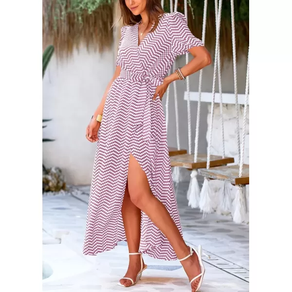 imagePRETTYGARDEN Womens Summer Wrap Maxi Dress Casual Boho Floral V Neck Short Sleeve Ruffle Hem Split Beach Long DressesDot Pink White