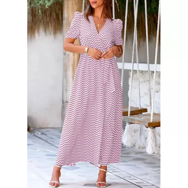 imagePRETTYGARDEN Womens Summer Wrap Maxi Dress Casual Boho Floral V Neck Short Sleeve Ruffle Hem Split Beach Long DressesDot Pink White