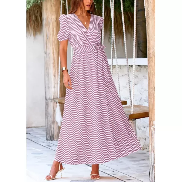 imagePRETTYGARDEN Womens Summer Wrap Maxi Dress Casual Boho Floral V Neck Short Sleeve Ruffle Hem Split Beach Long DressesDot Pink White
