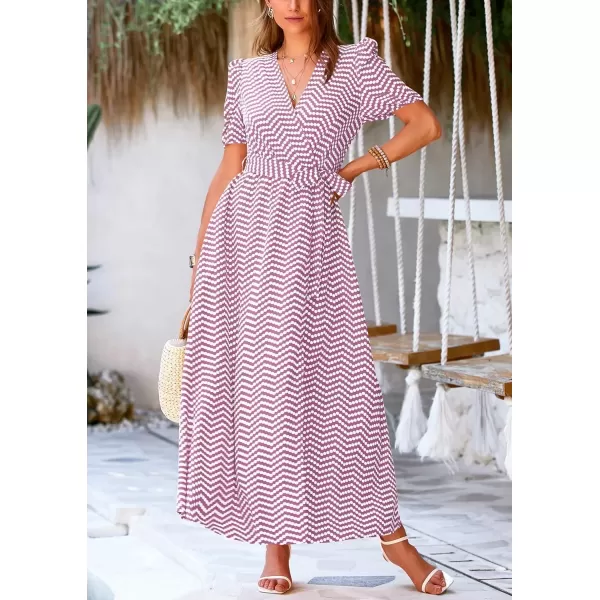 imagePRETTYGARDEN Womens Summer Wrap Maxi Dress Casual Boho Floral V Neck Short Sleeve Ruffle Hem Split Beach Long DressesDot Pink White