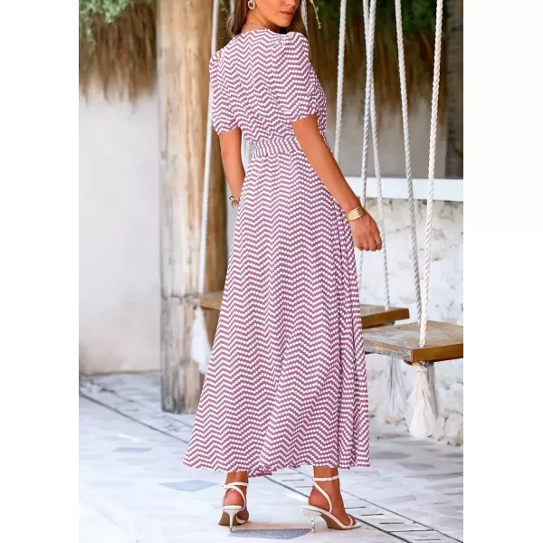 imagePRETTYGARDEN Womens Summer Wrap Maxi Dress Casual Boho Floral V Neck Short Sleeve Ruffle Hem Split Beach Long DressesDot Pink White