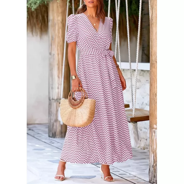 imagePRETTYGARDEN Womens Summer Wrap Maxi Dress Casual Boho Floral V Neck Short Sleeve Ruffle Hem Split Beach Long DressesDot Pink White
