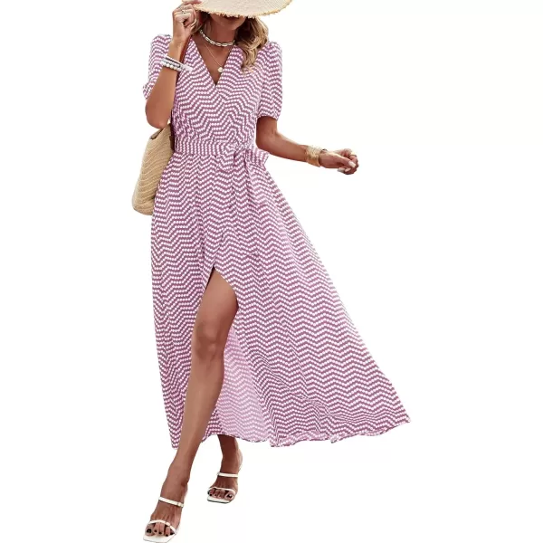 imagePRETTYGARDEN Womens Summer Wrap Maxi Dress Casual Boho Floral V Neck Short Sleeve Ruffle Hem Split Beach Long DressesDot Pink White