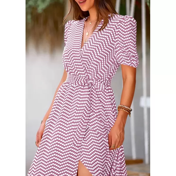 imagePRETTYGARDEN Womens Summer Wrap Maxi Dress Casual Boho Floral V Neck Short Sleeve Ruffle Hem Split Beach Long DressesDot Pink White