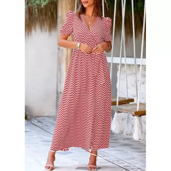 imagePRETTYGARDEN Womens Summer Wrap Maxi Dress Casual Boho Floral V Neck Short Sleeve Ruffle Hem Split Beach Long DressesDot Red White