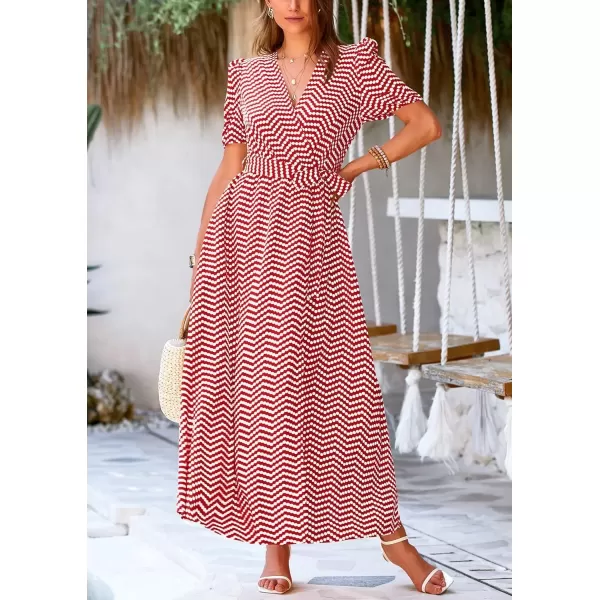 imagePRETTYGARDEN Womens Summer Wrap Maxi Dress Casual Boho Floral V Neck Short Sleeve Ruffle Hem Split Beach Long DressesDot Red White