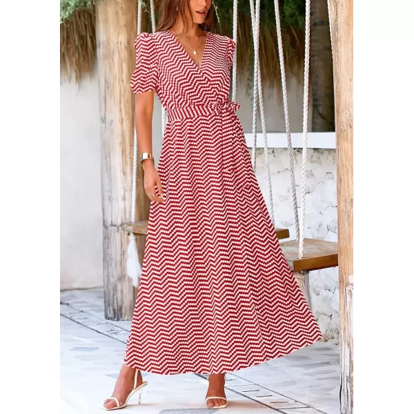imagePRETTYGARDEN Womens Summer Wrap Maxi Dress Casual Boho Floral V Neck Short Sleeve Ruffle Hem Split Beach Long DressesDot Red White