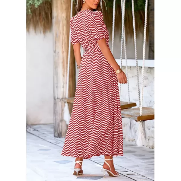 imagePRETTYGARDEN Womens Summer Wrap Maxi Dress Casual Boho Floral V Neck Short Sleeve Ruffle Hem Split Beach Long DressesDot Red White