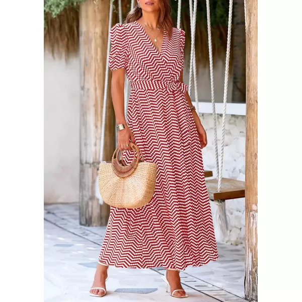 imagePRETTYGARDEN Womens Summer Wrap Maxi Dress Casual Boho Floral V Neck Short Sleeve Ruffle Hem Split Beach Long DressesDot Red White