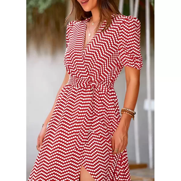 imagePRETTYGARDEN Womens Summer Wrap Maxi Dress Casual Boho Floral V Neck Short Sleeve Ruffle Hem Split Beach Long DressesDot Red White