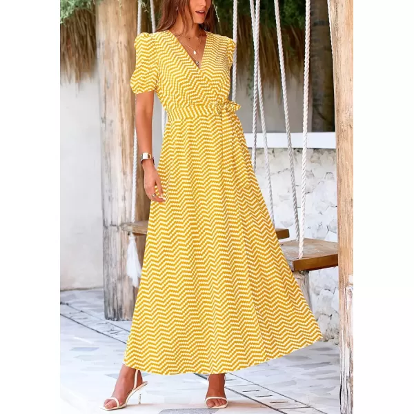 imagePRETTYGARDEN Womens Summer Wrap Maxi Dress Casual Boho Floral V Neck Short Sleeve Ruffle Hem Split Beach Long DressesDot Yellow White