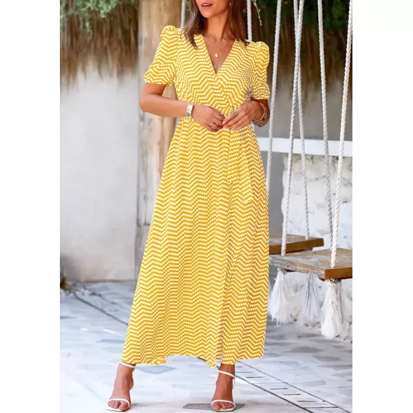imagePRETTYGARDEN Womens Summer Wrap Maxi Dress Casual Boho Floral V Neck Short Sleeve Ruffle Hem Split Beach Long DressesDot Yellow White