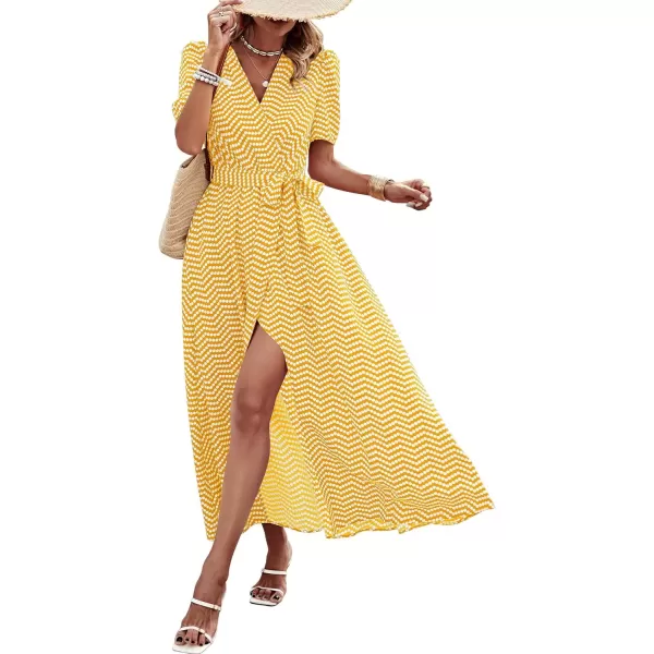 imagePRETTYGARDEN Womens Summer Wrap Maxi Dress Casual Boho Floral V Neck Short Sleeve Ruffle Hem Split Beach Long DressesDot Yellow White