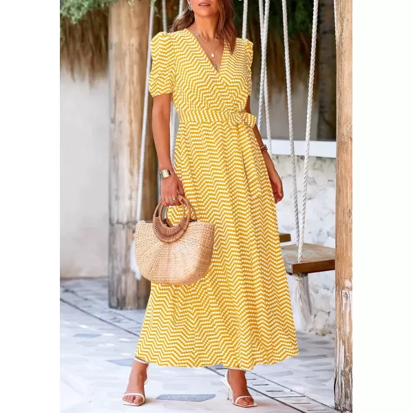 imagePRETTYGARDEN Womens Summer Wrap Maxi Dress Casual Boho Floral V Neck Short Sleeve Ruffle Hem Split Beach Long DressesDot Yellow White