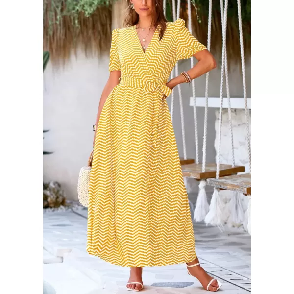 imagePRETTYGARDEN Womens Summer Wrap Maxi Dress Casual Boho Floral V Neck Short Sleeve Ruffle Hem Split Beach Long DressesDot Yellow White