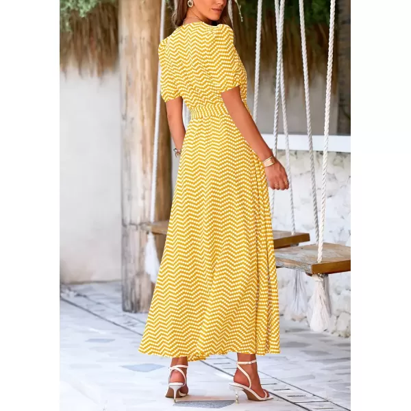 imagePRETTYGARDEN Womens Summer Wrap Maxi Dress Casual Boho Floral V Neck Short Sleeve Ruffle Hem Split Beach Long DressesDot Yellow White