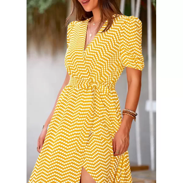 imagePRETTYGARDEN Womens Summer Wrap Maxi Dress Casual Boho Floral V Neck Short Sleeve Ruffle Hem Split Beach Long DressesDot Yellow White