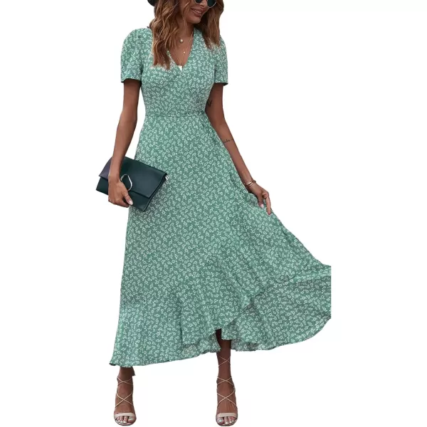 imagePRETTYGARDEN Womens Summer Wrap Maxi Dress Casual Boho Floral V Neck Short Sleeve Ruffle Hem Split Beach Long DressesGreen