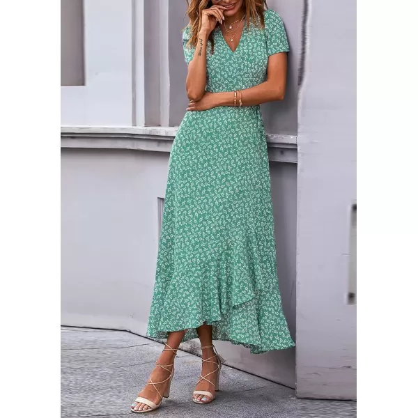 imagePRETTYGARDEN Womens Summer Wrap Maxi Dress Casual Boho Floral V Neck Short Sleeve Ruffle Hem Split Beach Long DressesGreen