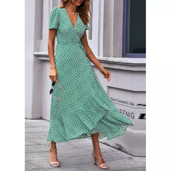imagePRETTYGARDEN Womens Summer Wrap Maxi Dress Casual Boho Floral V Neck Short Sleeve Ruffle Hem Split Beach Long DressesGreen