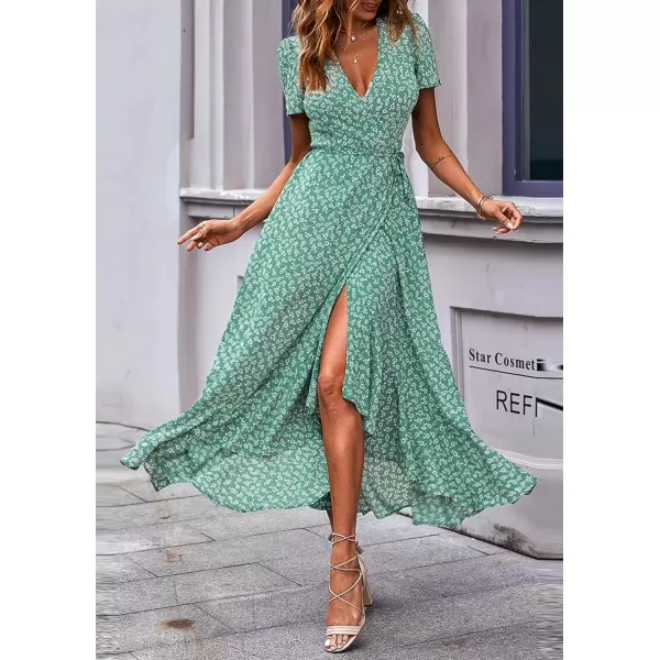 imagePRETTYGARDEN Womens Summer Wrap Maxi Dress Casual Boho Floral V Neck Short Sleeve Ruffle Hem Split Beach Long DressesGreen