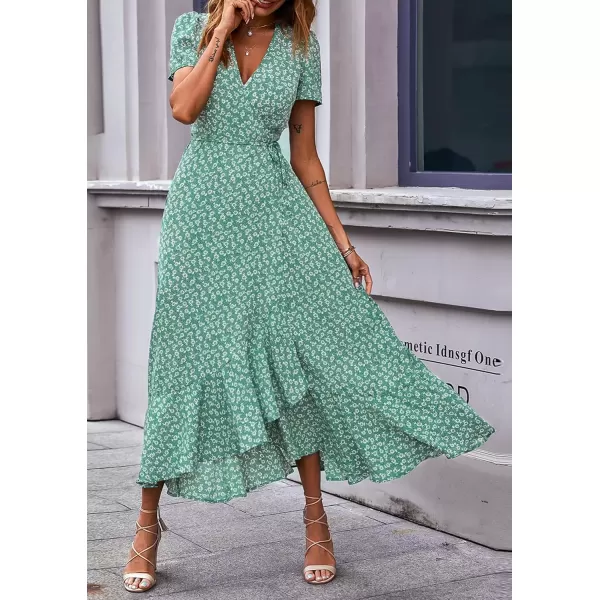 imagePRETTYGARDEN Womens Summer Wrap Maxi Dress Casual Boho Floral V Neck Short Sleeve Ruffle Hem Split Beach Long DressesGreen