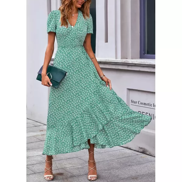 imagePRETTYGARDEN Womens Summer Wrap Maxi Dress Casual Boho Floral V Neck Short Sleeve Ruffle Hem Split Beach Long DressesGreen