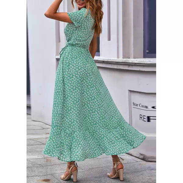 imagePRETTYGARDEN Womens Summer Wrap Maxi Dress Casual Boho Floral V Neck Short Sleeve Ruffle Hem Split Beach Long DressesGreen