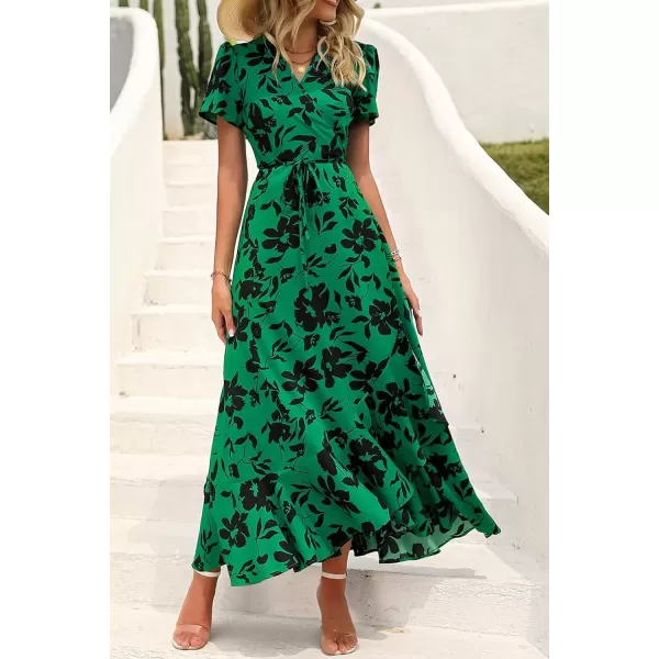 imagePRETTYGARDEN Womens Summer Wrap Maxi Dress Casual Boho Floral V Neck Short Sleeve Ruffle Hem Split Beach Long DressesGreen Floral