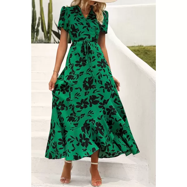 imagePRETTYGARDEN Womens Summer Wrap Maxi Dress Casual Boho Floral V Neck Short Sleeve Ruffle Hem Split Beach Long DressesGreen Floral