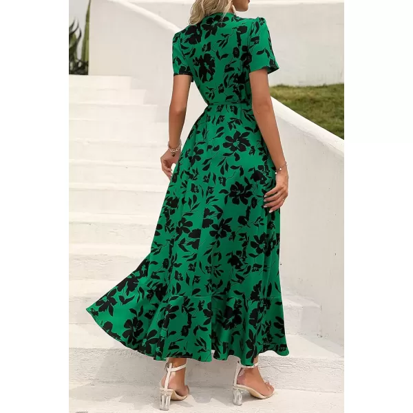 imagePRETTYGARDEN Womens Summer Wrap Maxi Dress Casual Boho Floral V Neck Short Sleeve Ruffle Hem Split Beach Long DressesGreen Floral