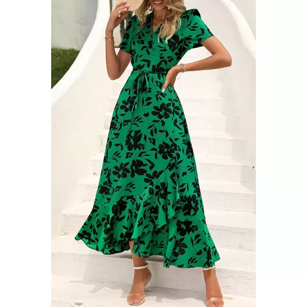 imagePRETTYGARDEN Womens Summer Wrap Maxi Dress Casual Boho Floral V Neck Short Sleeve Ruffle Hem Split Beach Long DressesGreen Floral