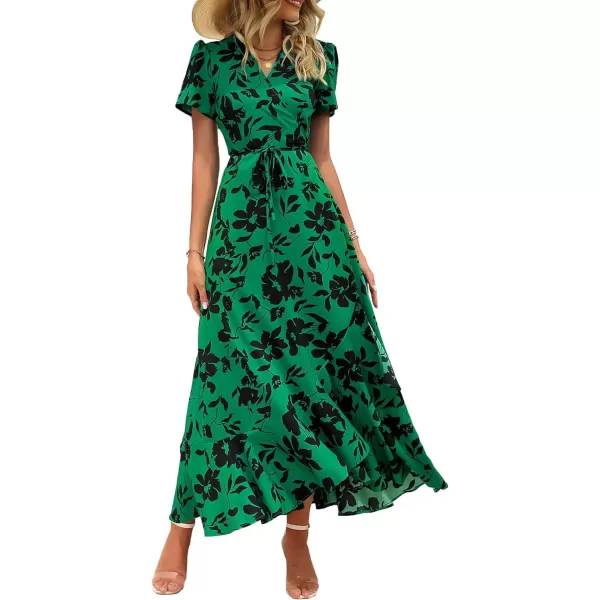 imagePRETTYGARDEN Womens Summer Wrap Maxi Dress Casual Boho Floral V Neck Short Sleeve Ruffle Hem Split Beach Long DressesGreen Floral