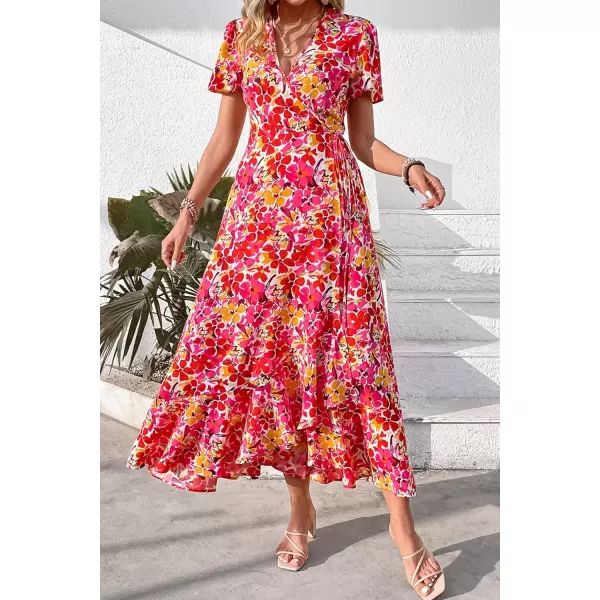 imagePRETTYGARDEN Womens Summer Wrap Maxi Dress Casual Boho Floral V Neck Short Sleeve Ruffle Hem Split Beach Long DressesPink Yellow Floral