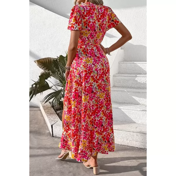 imagePRETTYGARDEN Womens Summer Wrap Maxi Dress Casual Boho Floral V Neck Short Sleeve Ruffle Hem Split Beach Long DressesPink Yellow Floral