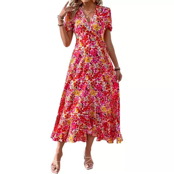 imagePRETTYGARDEN Womens Summer Wrap Maxi Dress Casual Boho Floral V Neck Short Sleeve Ruffle Hem Split Beach Long DressesPink Yellow Floral