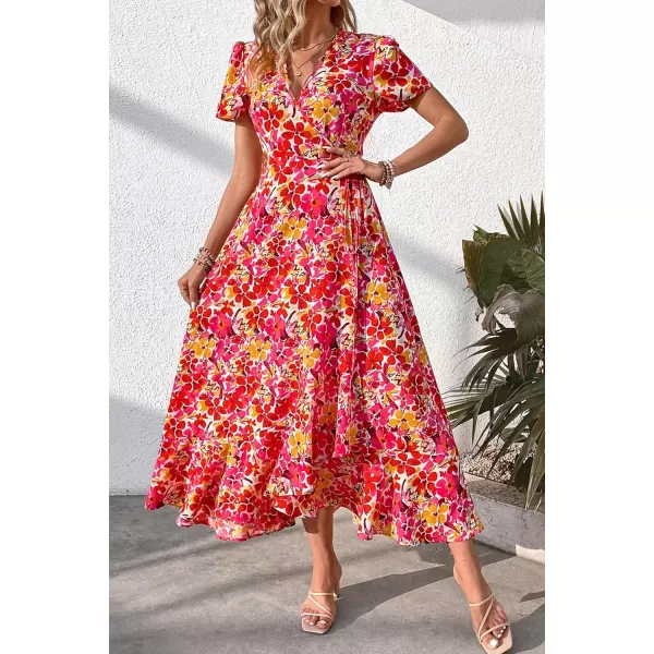 imagePRETTYGARDEN Womens Summer Wrap Maxi Dress Casual Boho Floral V Neck Short Sleeve Ruffle Hem Split Beach Long DressesPink Yellow Floral