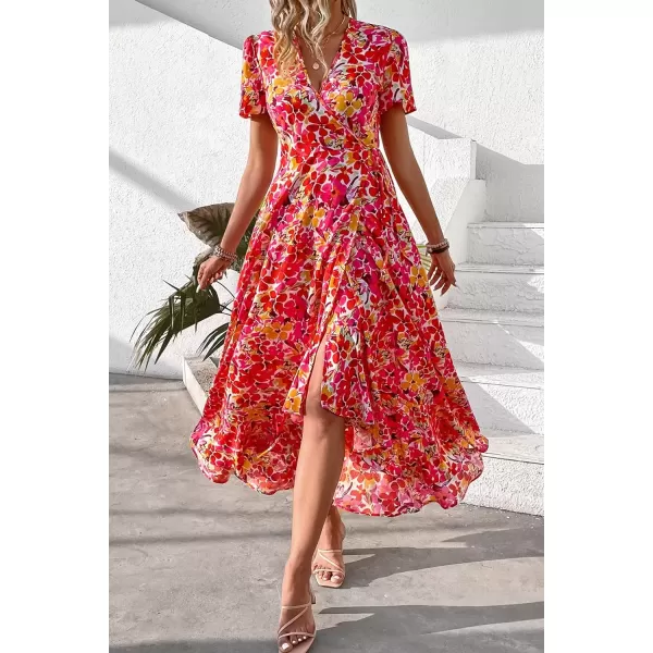 imagePRETTYGARDEN Womens Summer Wrap Maxi Dress Casual Boho Floral V Neck Short Sleeve Ruffle Hem Split Beach Long DressesPink Yellow Floral