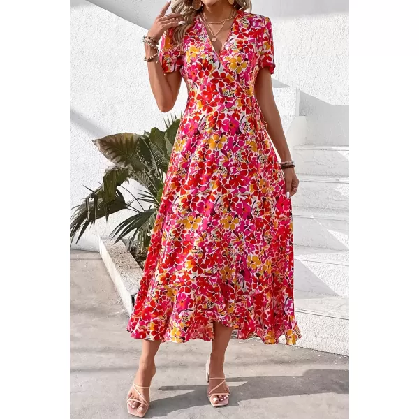 imagePRETTYGARDEN Womens Summer Wrap Maxi Dress Casual Boho Floral V Neck Short Sleeve Ruffle Hem Split Beach Long DressesPink Yellow Floral