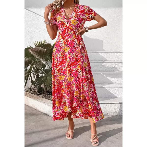 imagePRETTYGARDEN Womens Summer Wrap Maxi Dress Casual Boho Floral V Neck Short Sleeve Ruffle Hem Split Beach Long DressesPink Yellow Floral