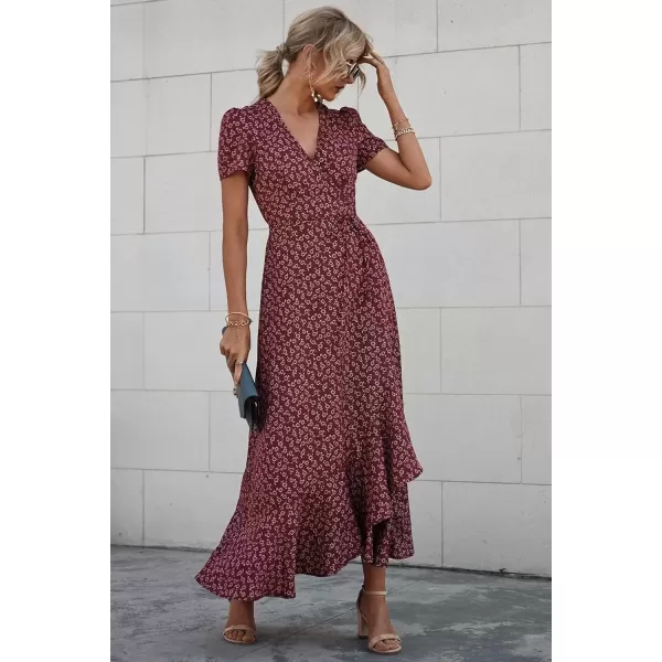 imagePRETTYGARDEN Womens Summer Wrap Maxi Dress Casual Boho Floral V Neck Short Sleeve Ruffle Hem Split Beach Long DressesRed