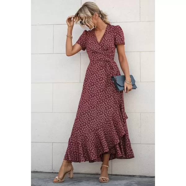 imagePRETTYGARDEN Womens Summer Wrap Maxi Dress Casual Boho Floral V Neck Short Sleeve Ruffle Hem Split Beach Long DressesRed