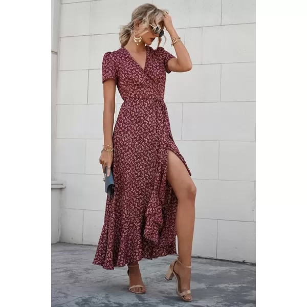 imagePRETTYGARDEN Womens Summer Wrap Maxi Dress Casual Boho Floral V Neck Short Sleeve Ruffle Hem Split Beach Long DressesRed