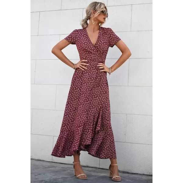 imagePRETTYGARDEN Womens Summer Wrap Maxi Dress Casual Boho Floral V Neck Short Sleeve Ruffle Hem Split Beach Long DressesRed