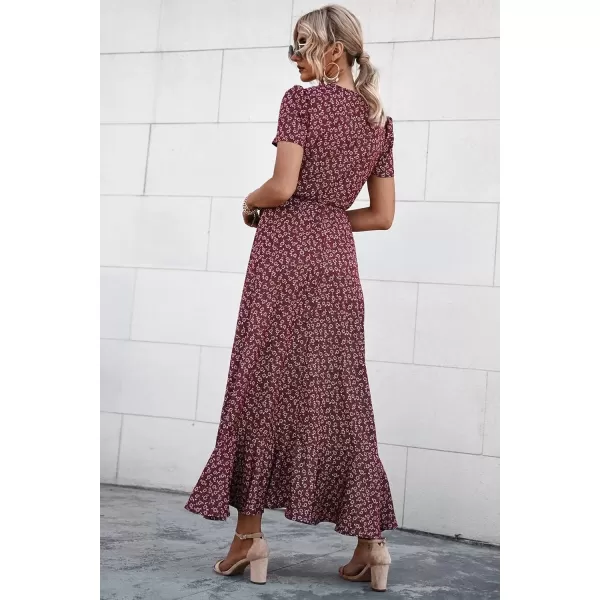imagePRETTYGARDEN Womens Summer Wrap Maxi Dress Casual Boho Floral V Neck Short Sleeve Ruffle Hem Split Beach Long DressesRed