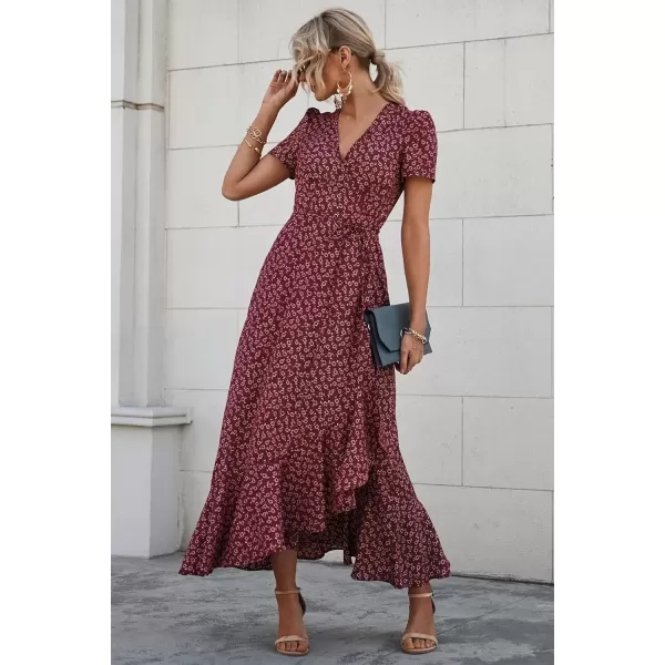 imagePRETTYGARDEN Womens Summer Wrap Maxi Dress Casual Boho Floral V Neck Short Sleeve Ruffle Hem Split Beach Long DressesRed
