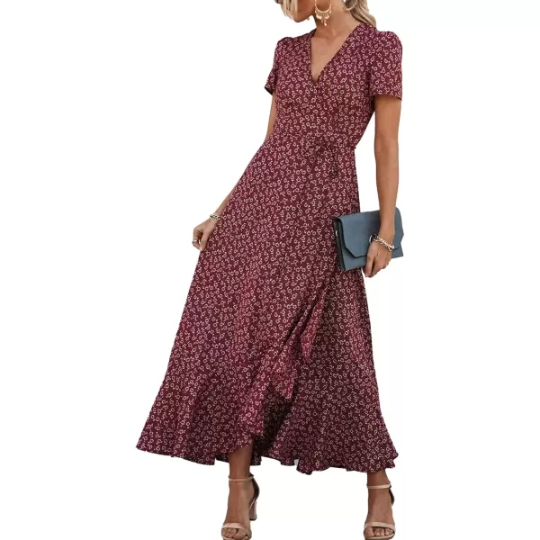 imagePRETTYGARDEN Womens Summer Wrap Maxi Dress Casual Boho Floral V Neck Short Sleeve Ruffle Hem Split Beach Long DressesRed